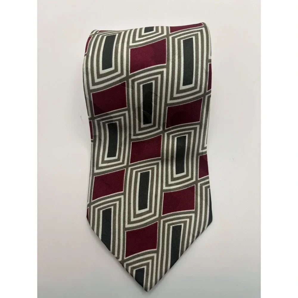 AXXA Mens Geometric Necktie Burgundy Grey Black Rectangular Pattern Silk Blend